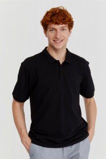 T-Shirt - Men's Black Basic Polo Neck Pocketless Battal Wide Cut Dobby T-Shirt 100351226 - Turkey