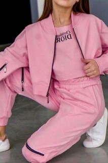 Girl's Christian Printed Zipper Detailed 3-Piece Pink Tracksuit Set 100344673