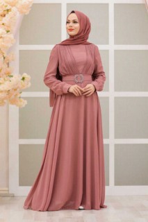 Wedding & Evening - Dusty Rose Hijab Evening Dress 100337530 - Turkey