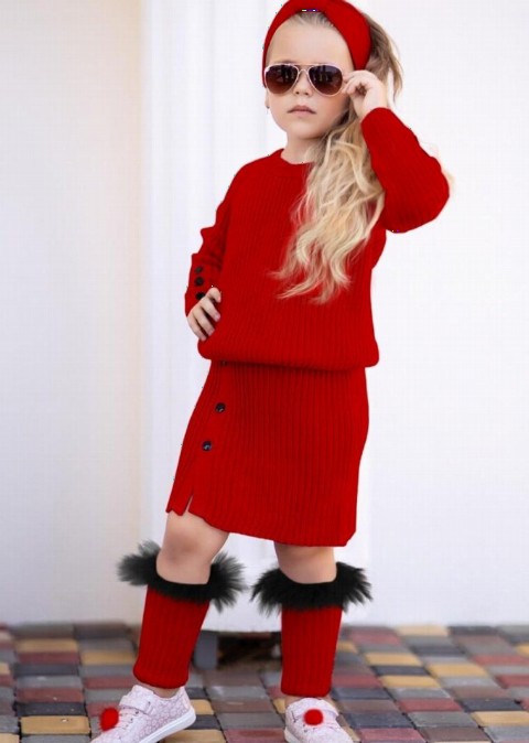 Girl Red Knitwear Skirt Suit 100326634