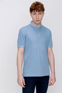 T-Shirt - Men's Ice Blue Mercerized Button Collar Dynamic Fit Comfortable Cut T-Shirt 100351405 - Turkey