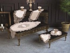 Living room Table Set - French Guipure Jasmine Velvet Living Room Set 5 Pieces Cream 100258171 - Turkey
