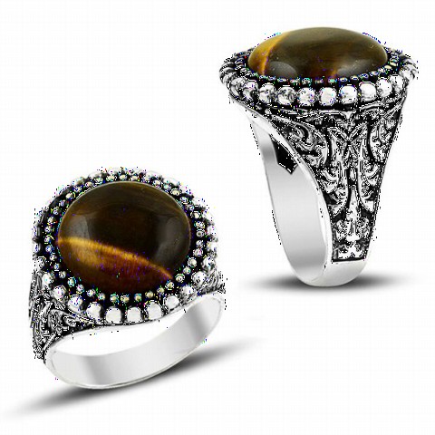 Others - Intricate Patterned Convex Tiger Eye Stone Sterling Silver Men's Ring 100348749 - Turkey