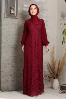 Woman - Bordeauxrotes Hijab-Abendkleid 100335380 - Turkey