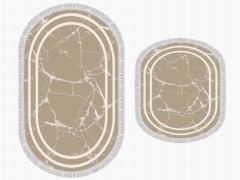 Oval Fringed 2 Piece Bath Mat Set Linear Stone Brown White 100260315