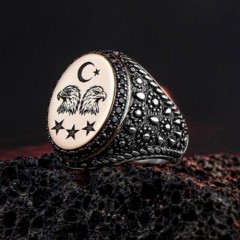 Animal Rings - Double Headed Eagle Embroidered Side Drop Motif Sterling Silver Ring 100346774 - Turkey