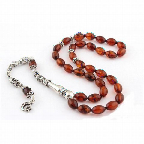 Men - Drop Amber Silver Imame And Tasseled Rosary 100352182 - Turkey
