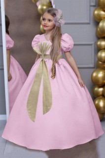 Evening Dress - Girl's Waist Glittery Stripe Detailed Watermelon Sleeve Pink Evening Dress 100327729 - Turkey