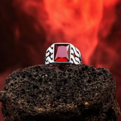 Red Square Stone 925 Sterling Silver Men's Ring 100346368