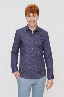 Top Wear - Men's Navy Blue Cotton Slim Fit Slim Fit Printed Solid Collar Long Sleeve Shirt 100351352 - Turkey