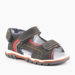 Sandals & Slippers - Genuine Leather Gray Velcro Boy Sandals 100278841 - Turkey