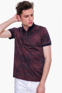 Men's Dark Claret Red Print Pattern Buttoned Polo Neck No Pocket Dynamic Fit Comfortable Fit T-Shirt 100351251