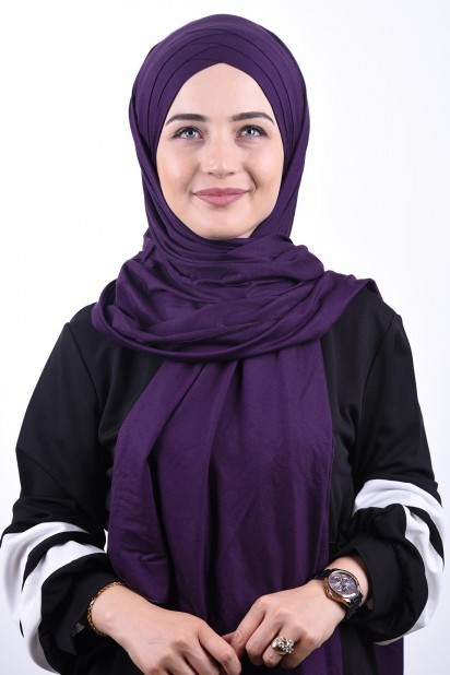 Cross Style - Combed Cotton 3-Striped Shawl Purple 100285213 - Turkey