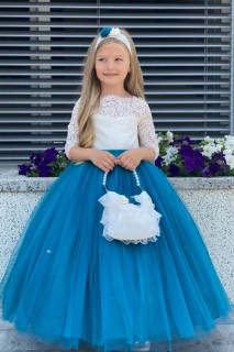 Evening Dress - فستان سهرة بناتي أزرق منفوش مع تطريز دانتيل وتنورة تول 100328319 - Turkey