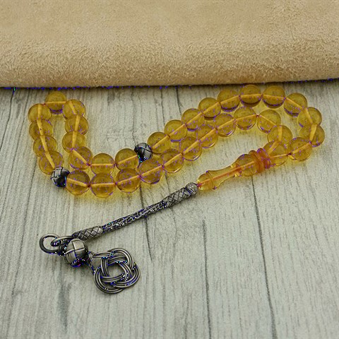 Yellow Grained Silver Kazaz Tasseled Fire Amber Rosary 100349420