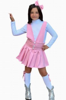 Girl's Front Button Pocket Detailed Skirt Frilly Salopette Pink Dress 100328744