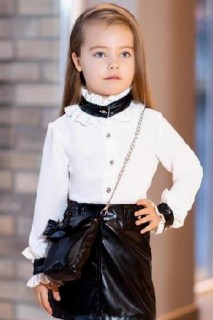 Girl Clothing - بدلة بناتي ذات ياقة مكشكشة جديدة وتنورة من الجلد الأسود 100328210 - Turkey