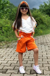 Kids - Girl Colored Tassel Detail Orange Shorts Set 100326805 - Turkey