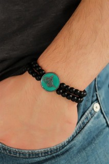 Others - Black Color Double Row Natural Stone Men's Bracelet With Ottoman Tugra Figure On Green Metal 100318481 - Turkey