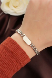 Woman - Steel Silver Color Oval Plate Detail Chain Bracelet 100319925 - Turkey