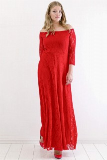 Long evening dress - Large Size Elastic Collar Full Lace Detailed Evening Dress Graduation Dress Red 100342733 - Turkey