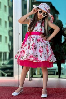 Girl Rose Printed Waist Belted Fluffy Tulle Pink Dress 100328500