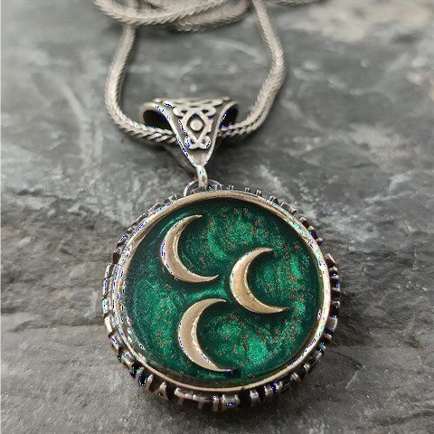 Men - Green Enamel Three Crescent Silver Necklace 100352208 - Turkey