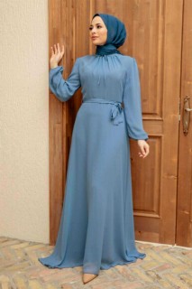 Woman - Blue Hijab Dress 100340155 - Turkey