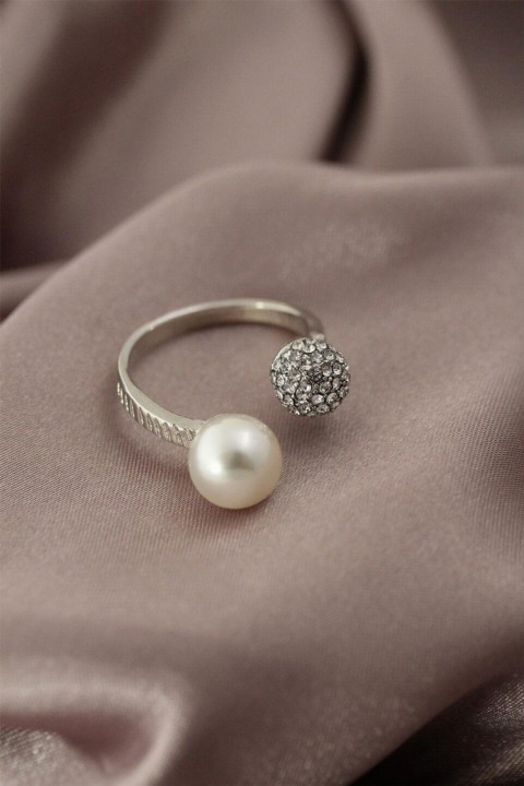 Rings - Silver Color Metal Zircon Stone Pearl Detailed Women's Ring 100319486 - Turkey