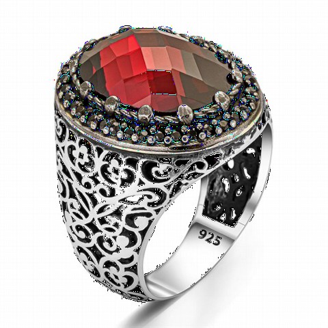 Zircon Stone Rings - Red Zircon Stone Motif Embroidered Sterling Silver Ring 100349828 - Turkey