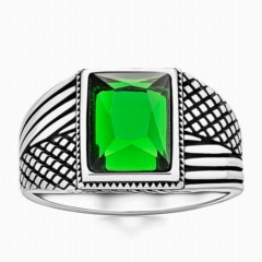 Green Baguette Zircon Stone Silver Ring 100346379