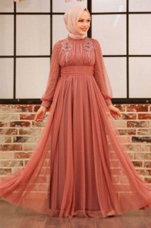 Woman Clothing - Dark Salmon Pink Hijab Evening Dress 100339082 - Turkey