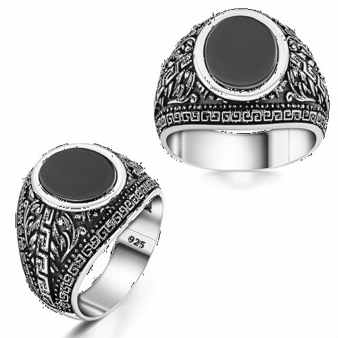 Silver Rings 925 - Onyx Sterling Silver Ring With Motifs 100350276 - Turkey
