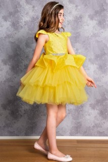 Girls - Girl's Fluffy Waist Sequin Striped Bow Yellow Evening Dress 100326828 - Turkey