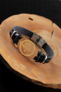 Bracelet - سوار معدني ذهبي اللون بتصميم نبضات جلد أسود اللون للرجال 100318796 - Turkey