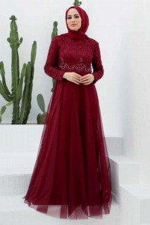 Woman - Claret Red Hijab Evening Dress 100339550 - Turkey