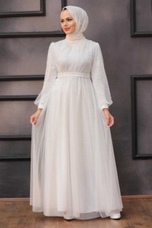 Woman Clothing - White Hijab Evening Dress 100337319 - Turkey