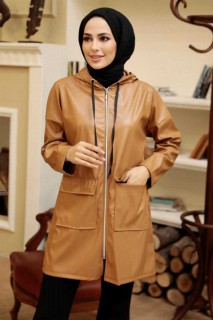 Outwear - Biscuit Hijab Faux Leather Cap 100344944 - Turkey