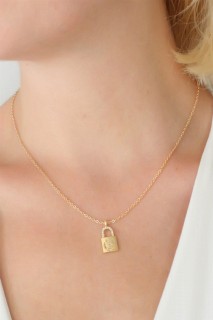 Gold Color Lock Figure Zircon Stone Detail Women's Necklace 100328116