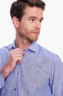 Men's Navy Blue 100% Cotton Saldera Regular Fit Comfy Cut Striped Solid Collar Short Sleeve Shirt 100351247