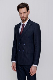 Men's Navy Blue Flannel Double Breasted Striped Slim Fit Slim Fit 6 Drop Suit 100350696