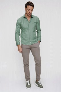 Shirt - Men's Green Oxford Cotton Slim Fit Slim Fit Jacquard Patterned Italian Collar Long Sleeve Shirt 100351312 - Turkey