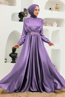 Woman Clothing - Dark Lila Hijab Evening Dress 100340445 - Turkey
