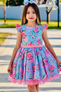 Girl Rose Printed Ruffle Sleeve Skirt Fluffy Tulle Pink Dress 100328506