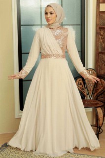 Wedding & Evening - Beige Hijab Evening Dress 100341715 - Turkey
