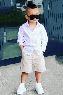 Boy's Front Buttoned Long Sleeve Shirt with Zipper Beige Shorts Suit 100328418