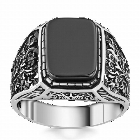 Ivy Patterned Black Onyx Stone Silver Ring 100350388
