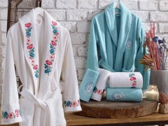 Set Robe - Valeria Luxury Embroidered Cotton Bathrobe Set White Blue 100259774 - Turkey