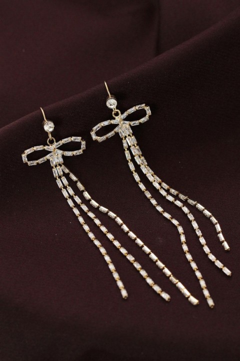 Earrings - Steel Gold Color Baguette Stone Bow Detailed Long Earrings 100319651 - Turkey