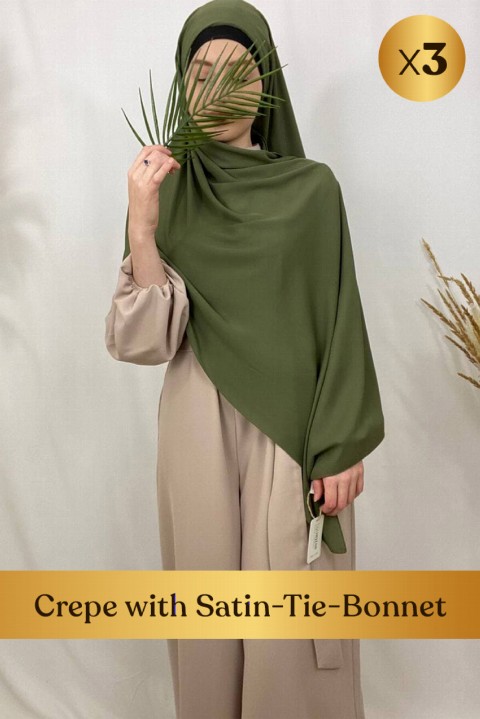 Woman Hijab & Scarf - Crepe with Satin-Tie-Bonnet - 3 pcs in Box 100352665 - Turkey